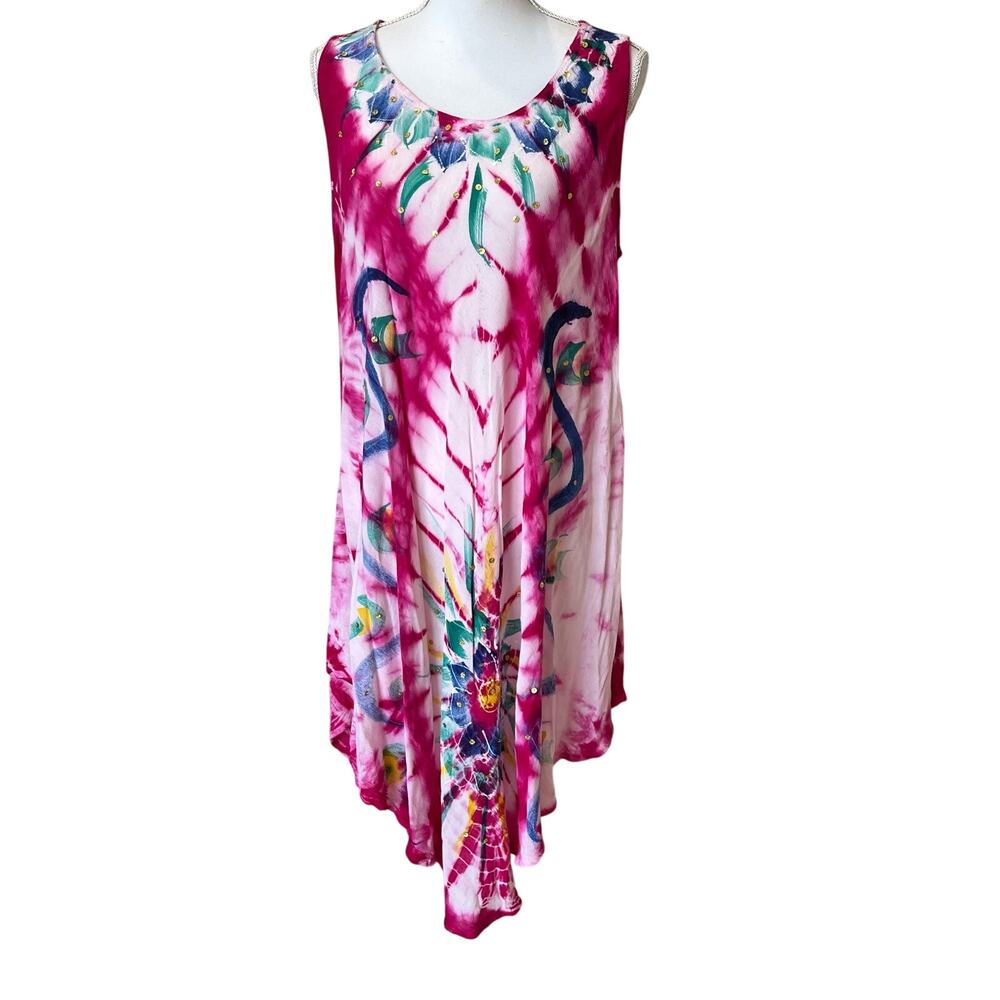 Riveria Sun Coverup Dress One Size Pink Floral Tie Dye Sequins Swimwear Trip